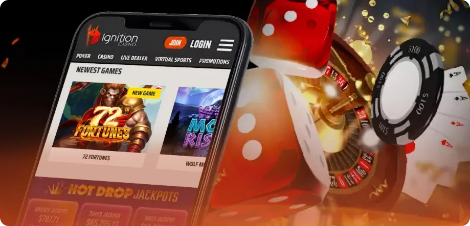 phone with IgnitionCasino loaded on the screen bitcoin chips on the background
